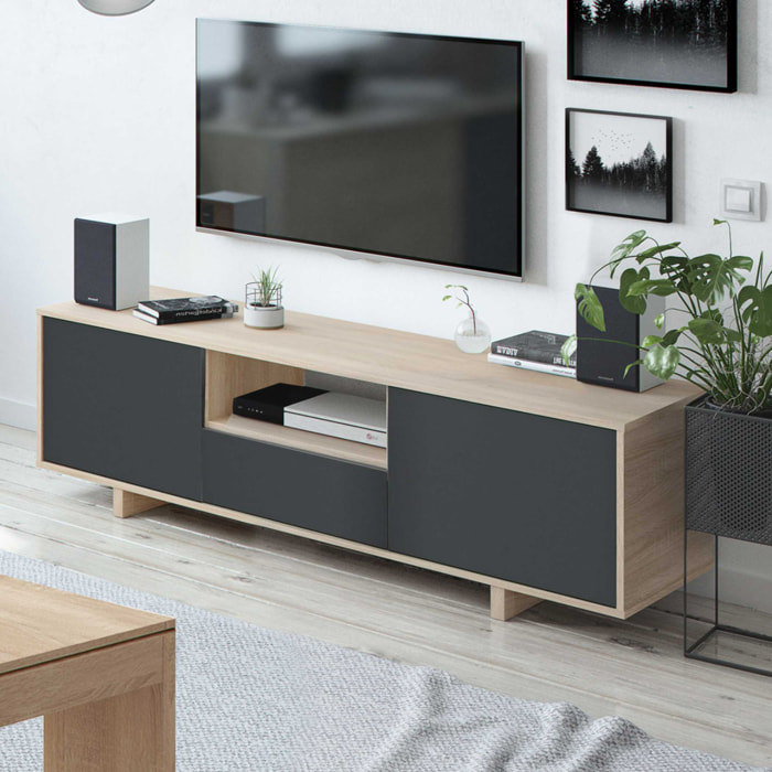 Mueble Tv 3 Puertas Zaira 46x150x41 Cm Gris Y Roble