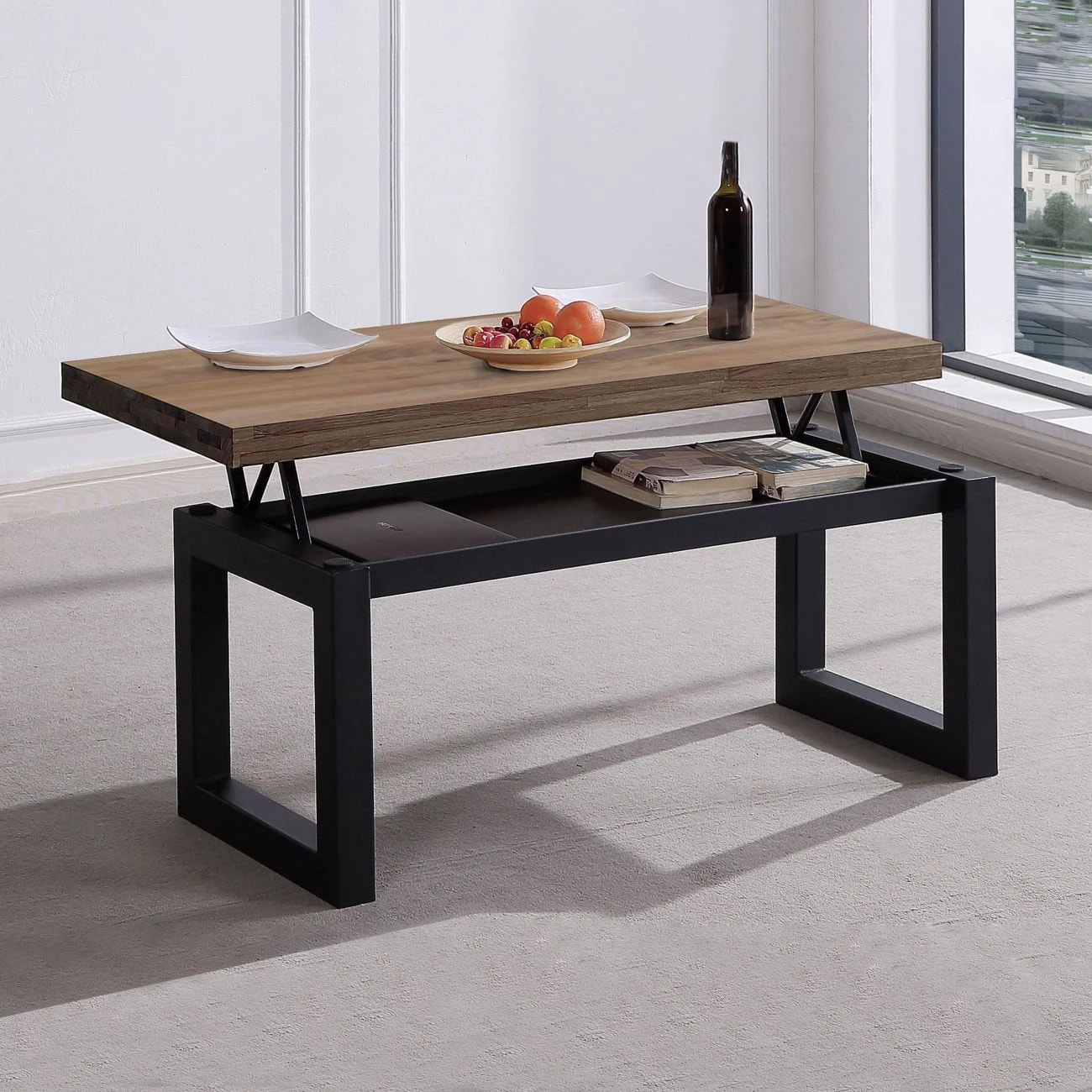Mesa de centro elevable con almacenaje oculto en roble boreal y negro 120x47,5-62 cm Loft Roble boreal – Negro