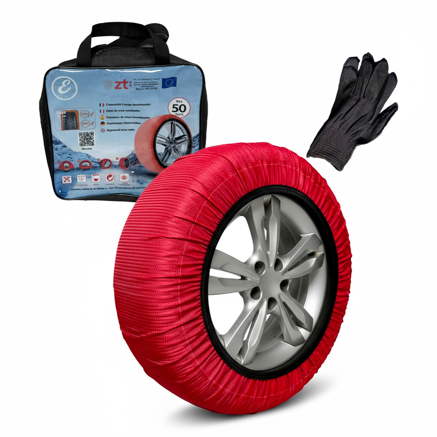Calze da Neve Omologate EN 16662-1 Per Auto SUV Coppia di Catene Tessili Antisdrucciolo per Pneumatici R13-R18 Facili da Montare Con Guanti e Borsa S