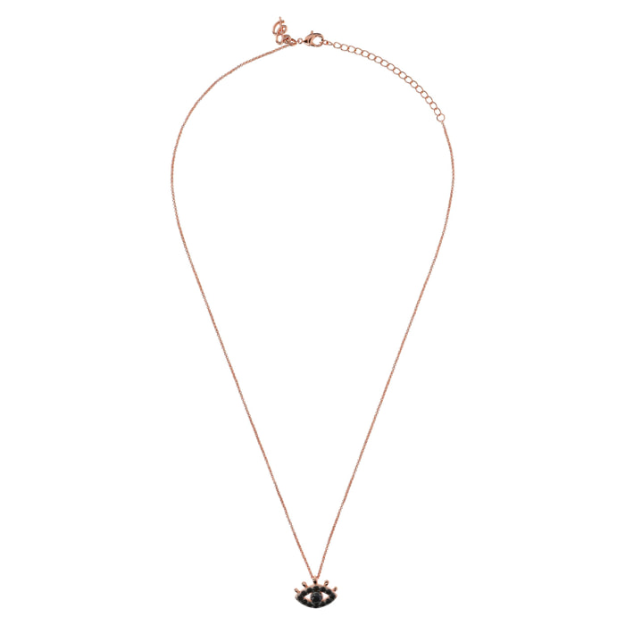 Collana Catena Rolo e Pendente Occhio con Pavé in Spinello Nero Placcata Oro Rosa 18kt