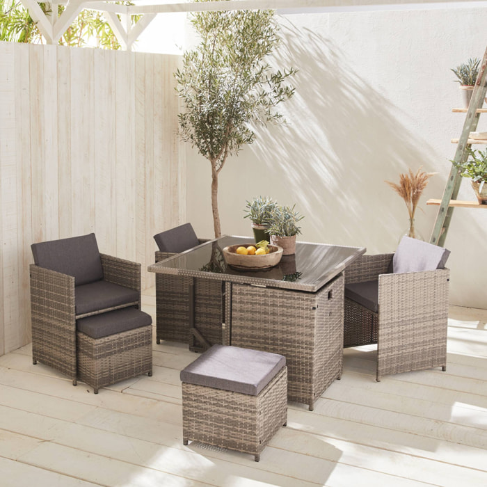 Table de jardin encastrable résine tressée + 8 assises – Vabo – Coloris nuances de gris. Coussins gris chiné. table encastrable