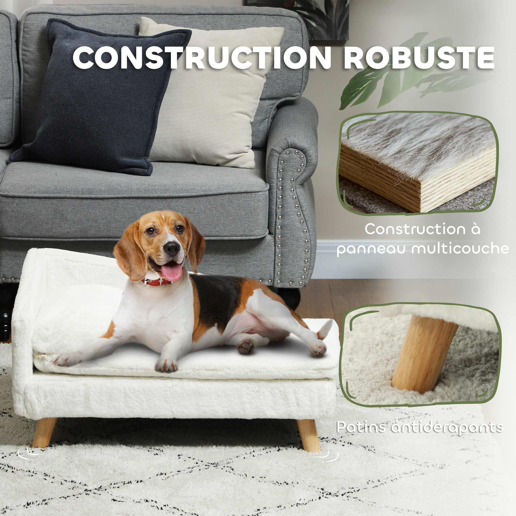 Canapé chien méridienne style scandinave 2 coussins déhoussables bois aspect fourrure crème