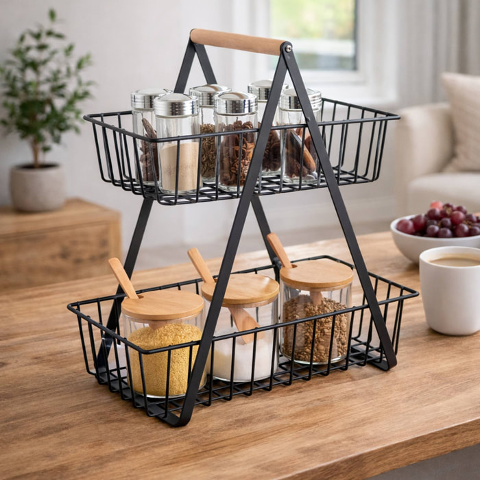 Cesta de Almacenamiento con 2 niveles en color Negro y diseño industrial