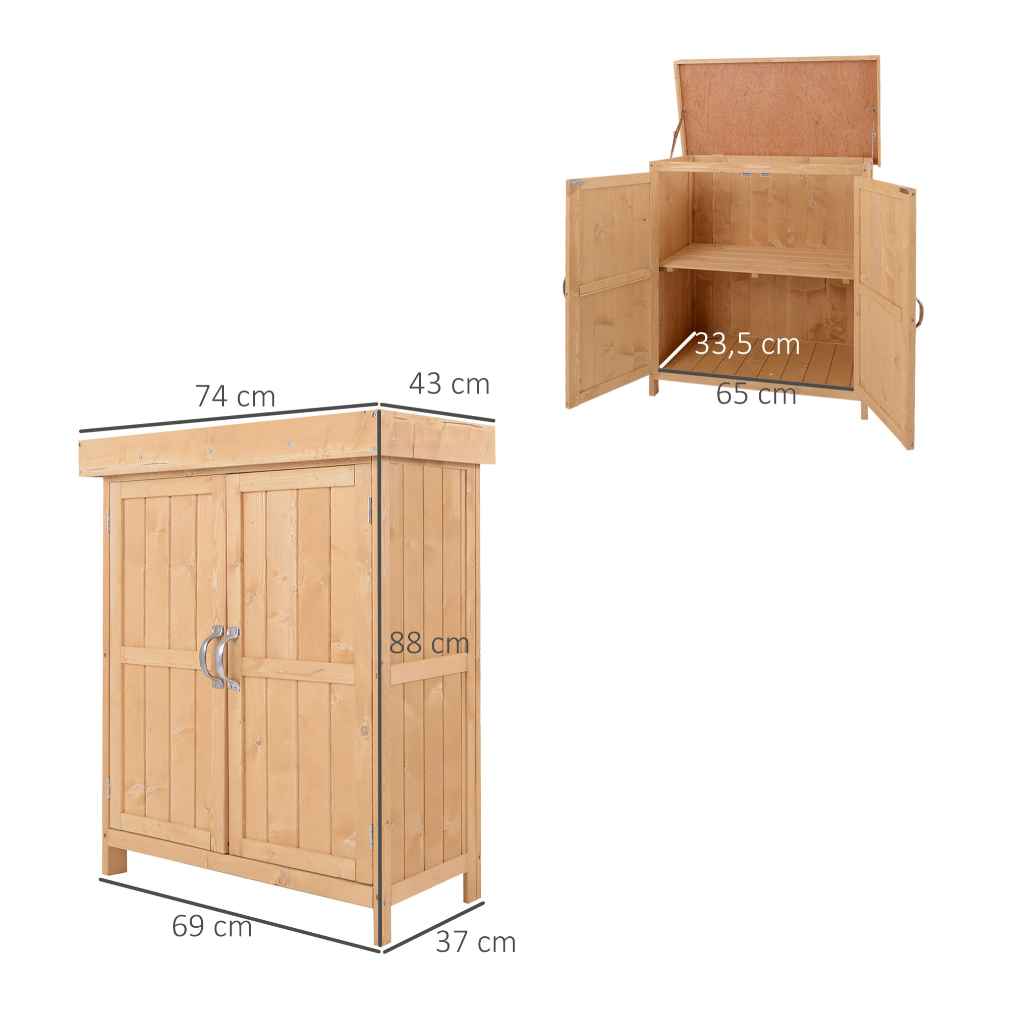 Armoire de jardin sur pied double porte étagère et toit bitumé relevable dim. 74L x 43l x 88H cm bois sapin