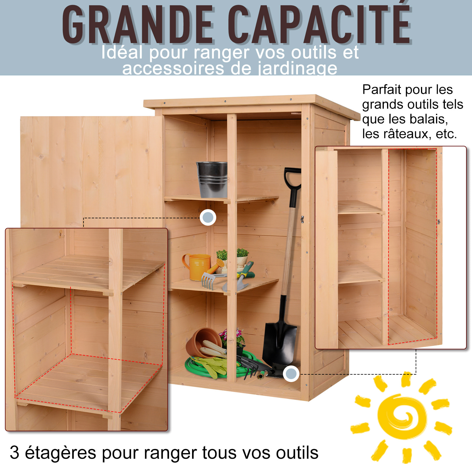 Armoire abri de jardin remise pour outils - grande porte verrouillable loquet - 2 étagères - toit bitumé incliné bois de sapin pré-huilé