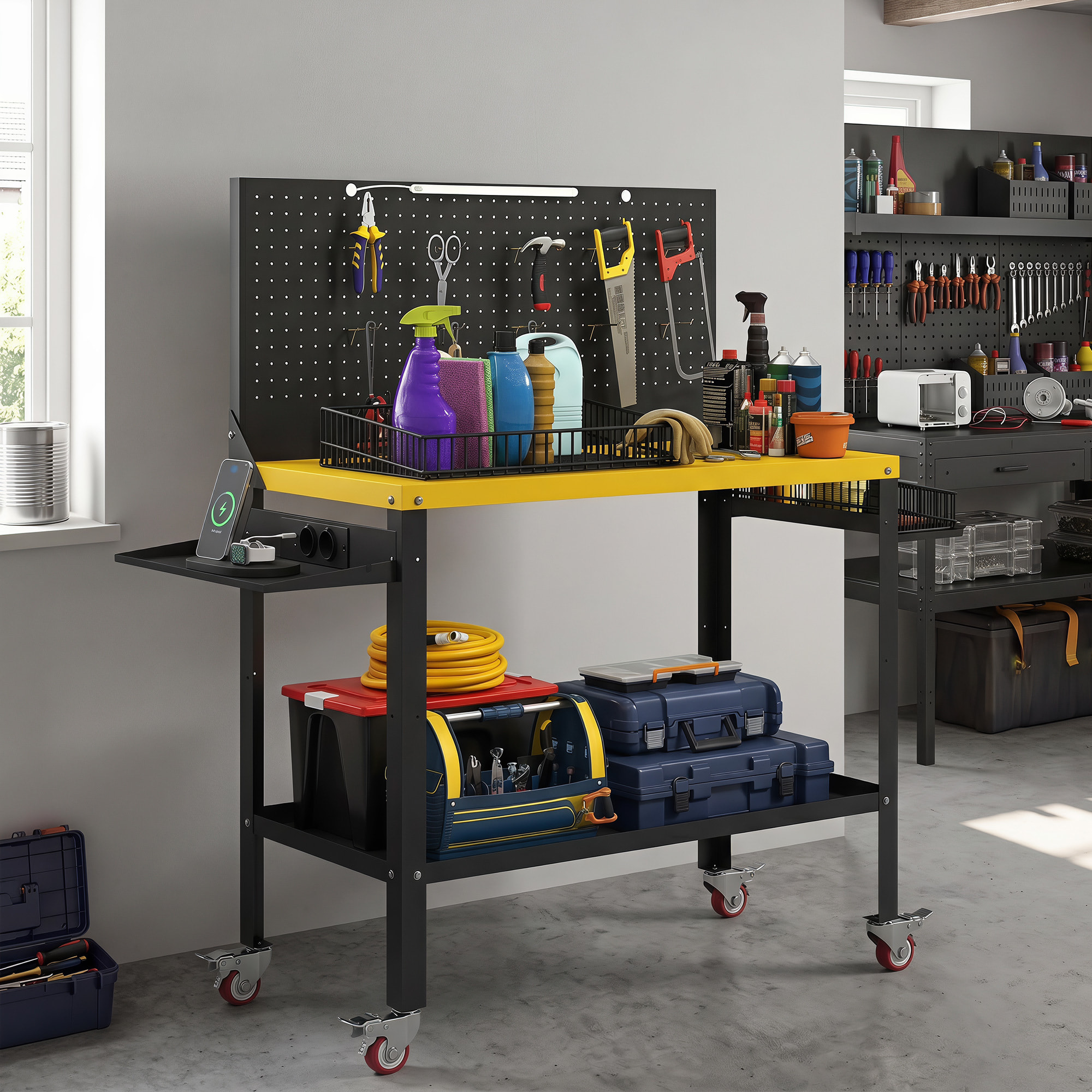 Banco de Trabajo con Panel Perforado y Ruedas, Mesa de Trabajo con Enchufes, USB, Luz LED y Estructura Metálica, Carga 300 kg, Banco para Garaje o Taller, 128x49,5x127,5 cm, Negro y Amarillo