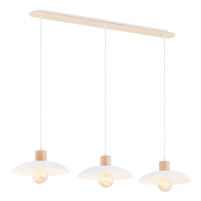 Lampada a sospensione KOBE 3 in acciaio bianco opaco e legno
