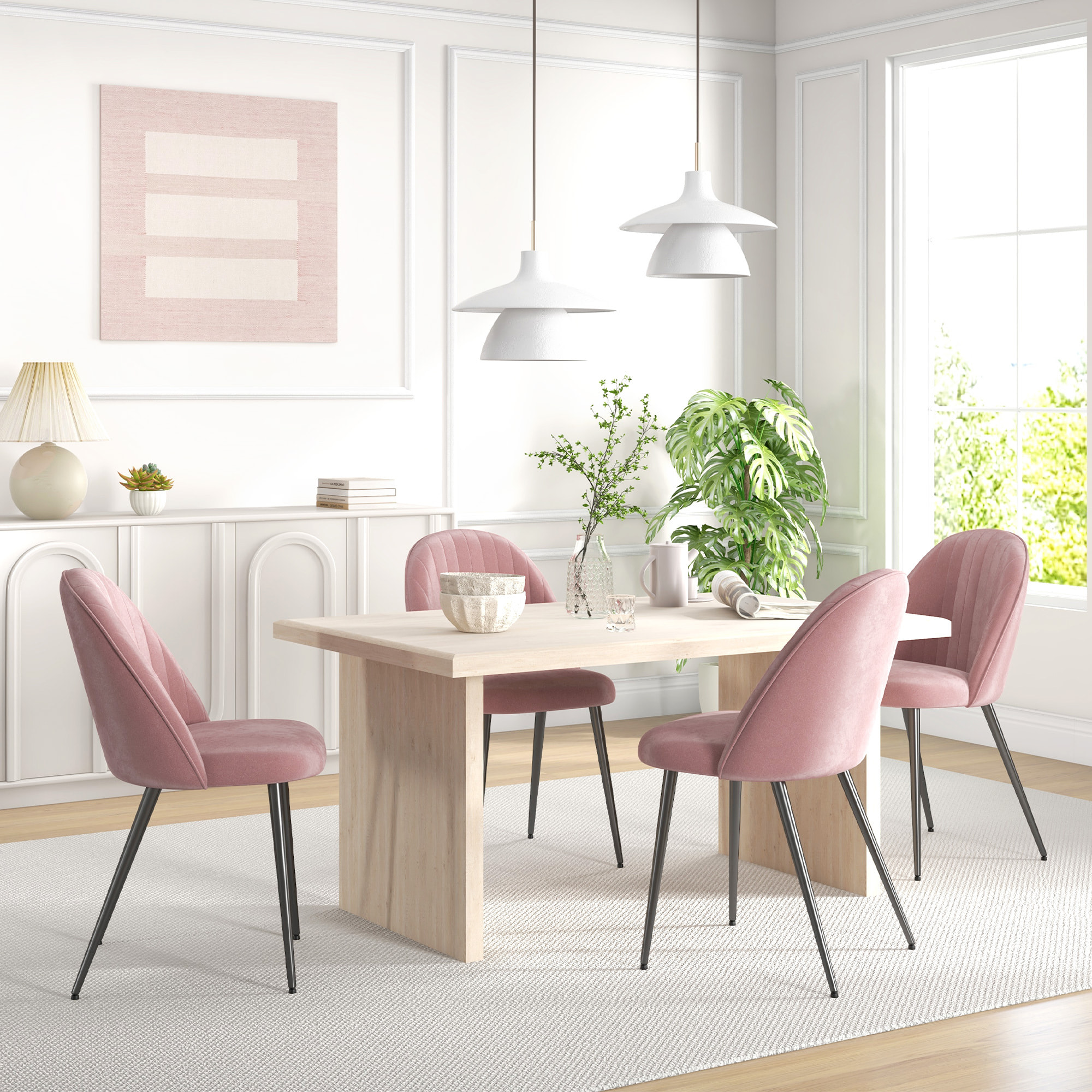 Pack de 4 Sillas de Comedor Modernas, Sillas de Cocina Tapizada en Terciopelo con Respaldo Curvo y Patas de Acero, para Salón, Rosa Palo