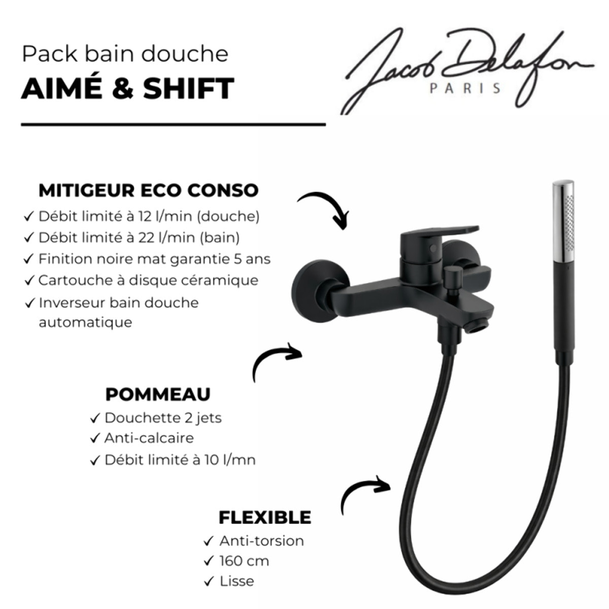 Douchette stick Shift Ellipse noir et chrome avec mitigeur bain douche et flexible lisse anti-torsion Noir