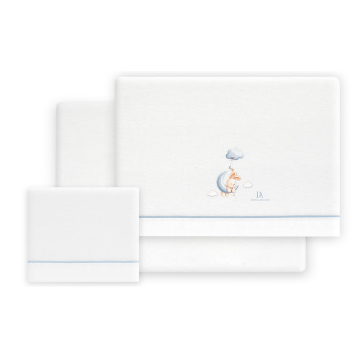 Triptico Minicuna Franela Don Algodon Conejo Nubes Bco/Azul