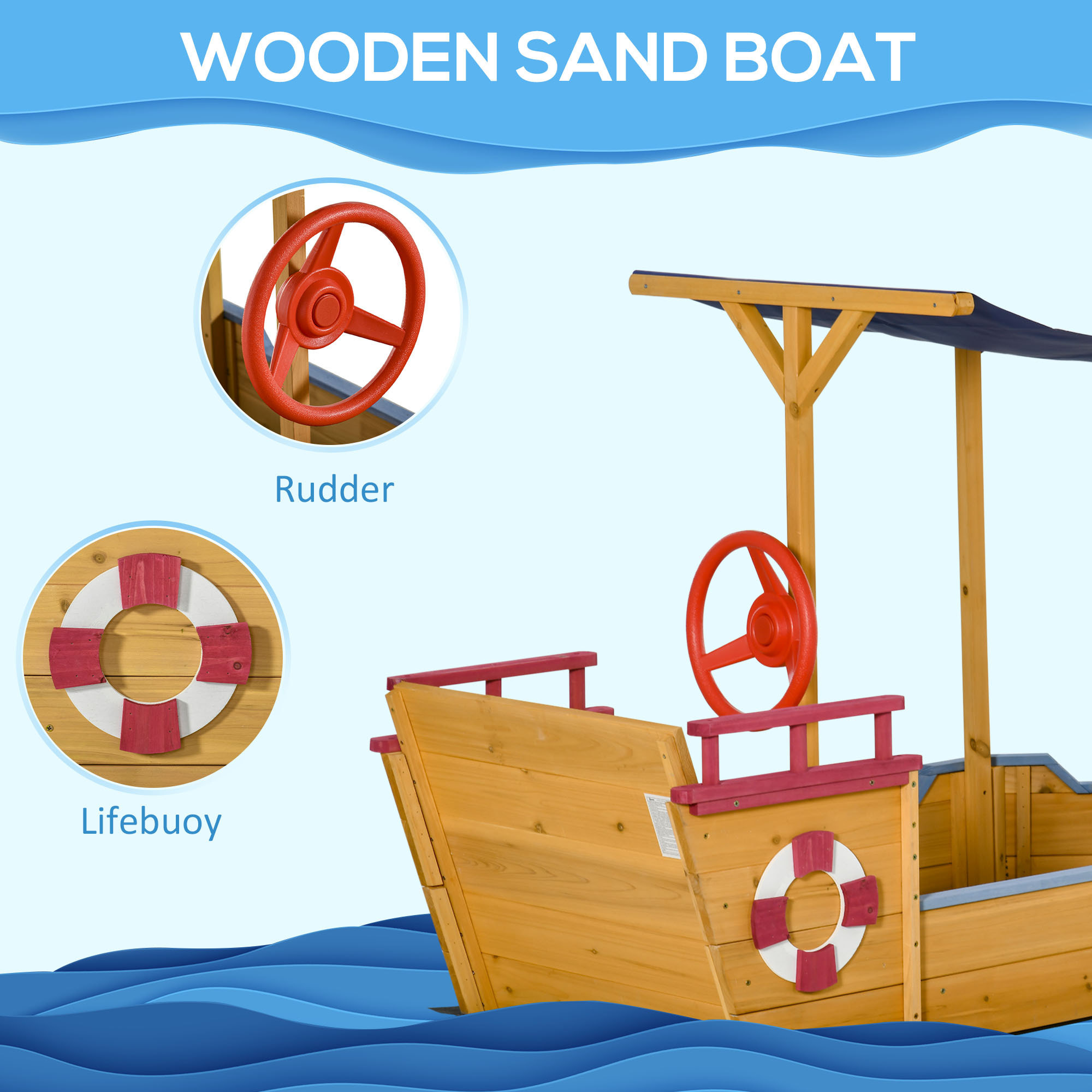 Bac à sable bateau de pirate en bois - voile d'ombrage, coffre rangement, gouvernail - bois sapin pré-huilé