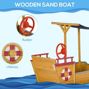 Bac à sable bateau de pirate en bois - voile d'ombrage, coffre rangement, gouvernail - bois sapin pré-huilé