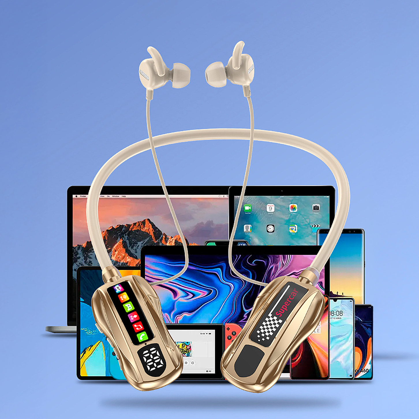 Cuffie con fascia per collo M101S. Funzione di cambio voce, suono 360º e riduzione del rumore AI. Modalità gioco e modalità musica. Bluetooth 5.4 e slot TF.