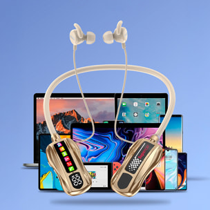 Cuffie con fascia per collo M101S. Funzione di cambio voce, suono 360º e riduzione del rumore AI. Modalità gioco e modalità musica. Bluetooth 5.4 e slot TF.