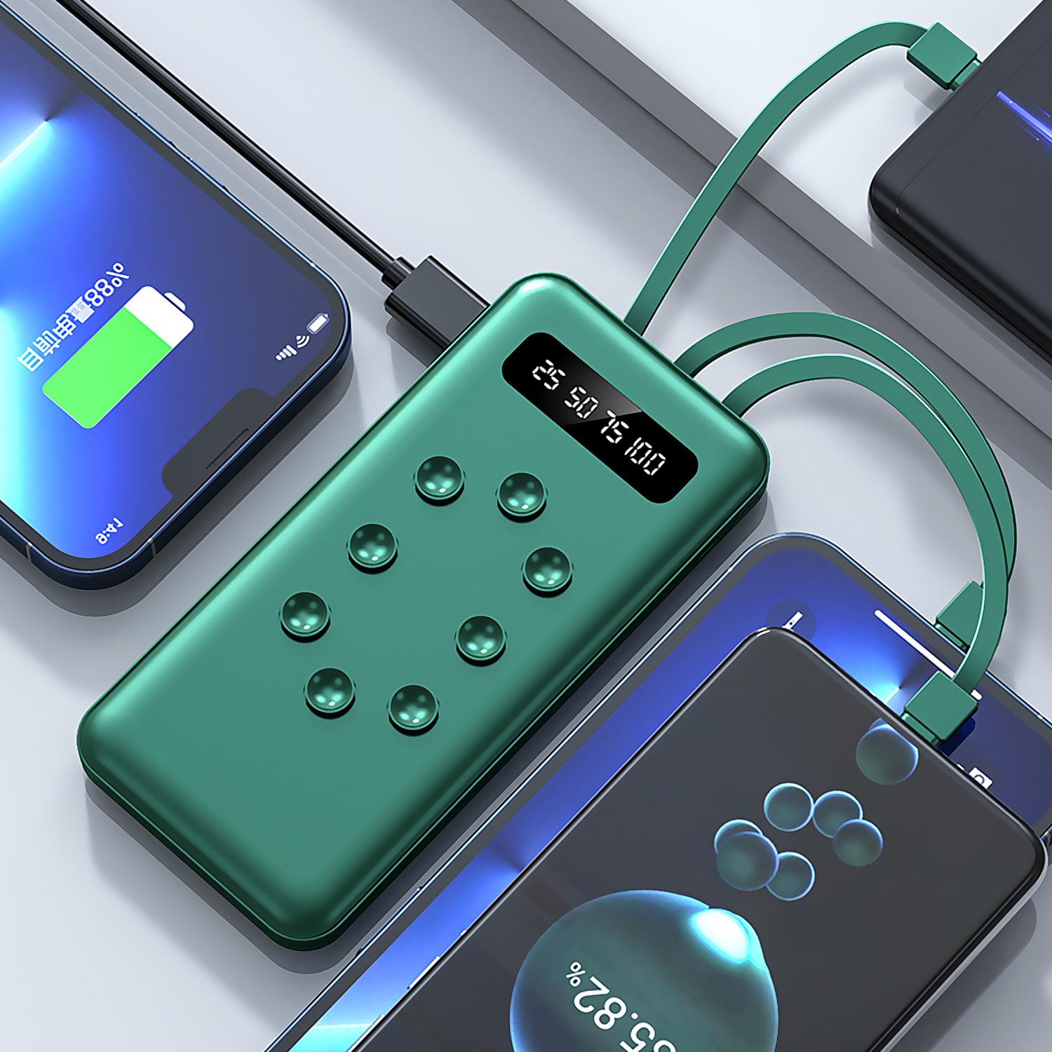 Powerbank da 10.000mAh con ventose per il successivo fissaggio allo smartphone. Più connettori integrati: USB-C, Lightning, Micro USB, USB.