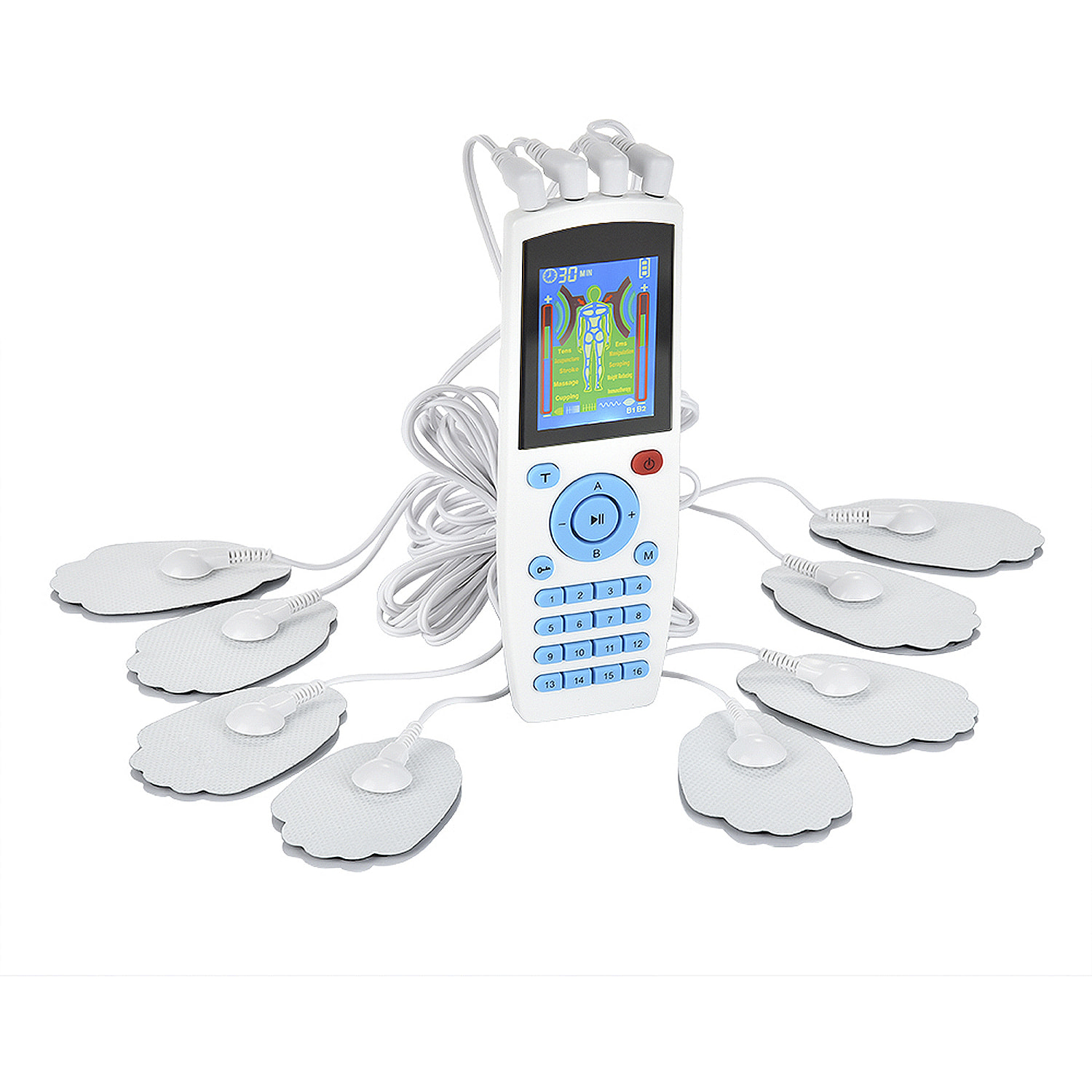 Elettrostimolatore muscolare portatile EMS MHD-YK16. 16 modalità, 20 intensità, 2 canali. Dimensioni compatte, batteria ricaricabile.