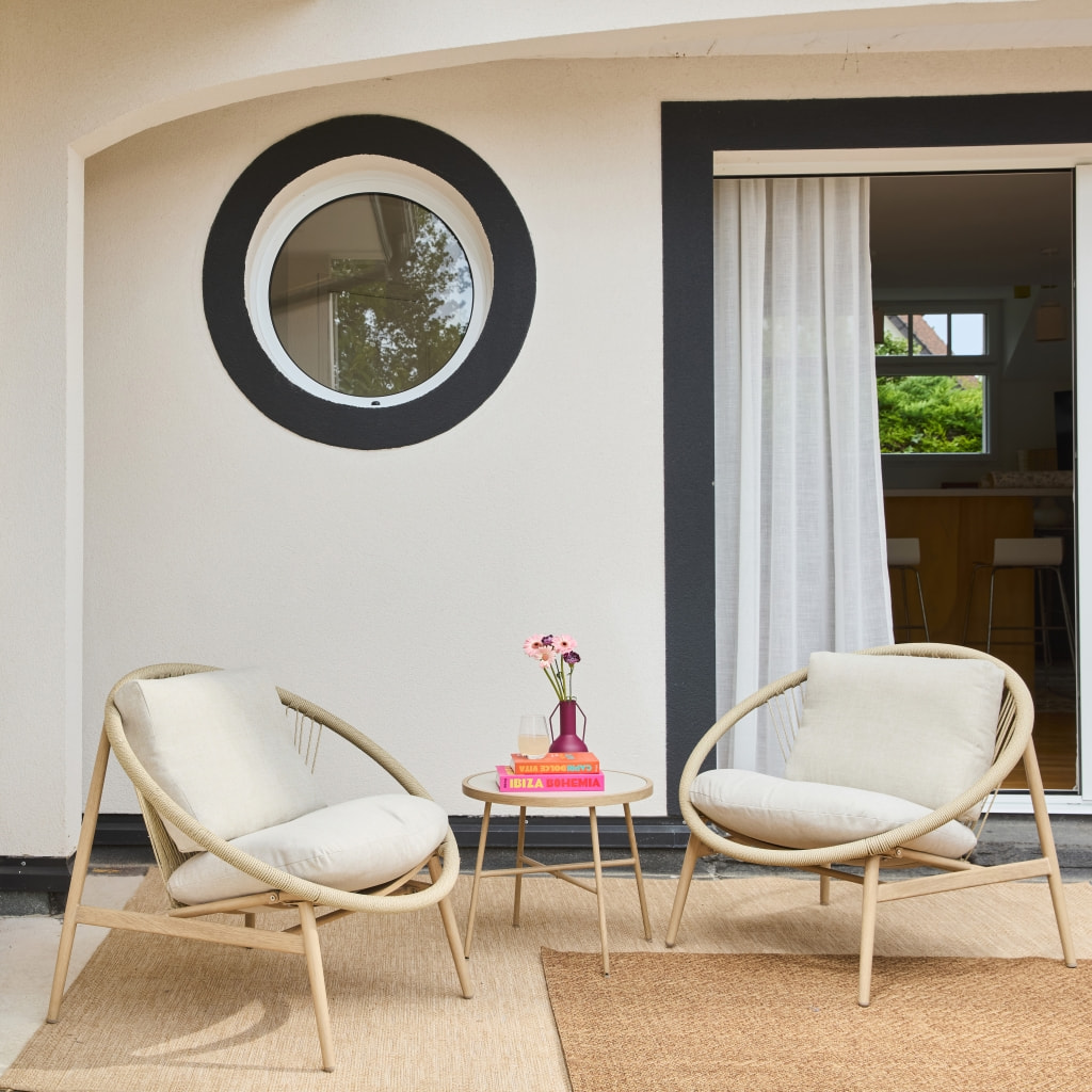 Set de 2 fauteuils de jardin avec table acier et rotin NAROLA
