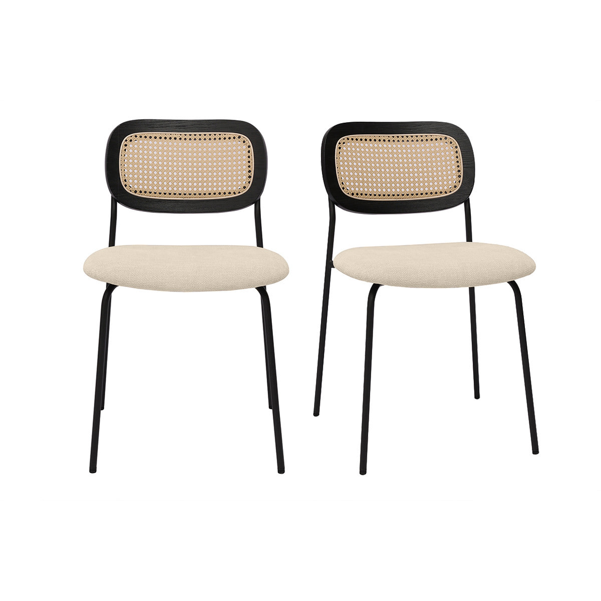 Chaises design en tissu effet velours texturé beige, métal noir et cannage rotin (lot de 2) MIRANDA