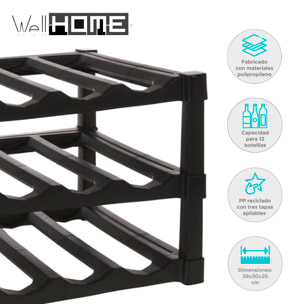 Botellero de 3 Capas Apilables de PP en Color Negro para 12 Botellas - 39x30xH25cm