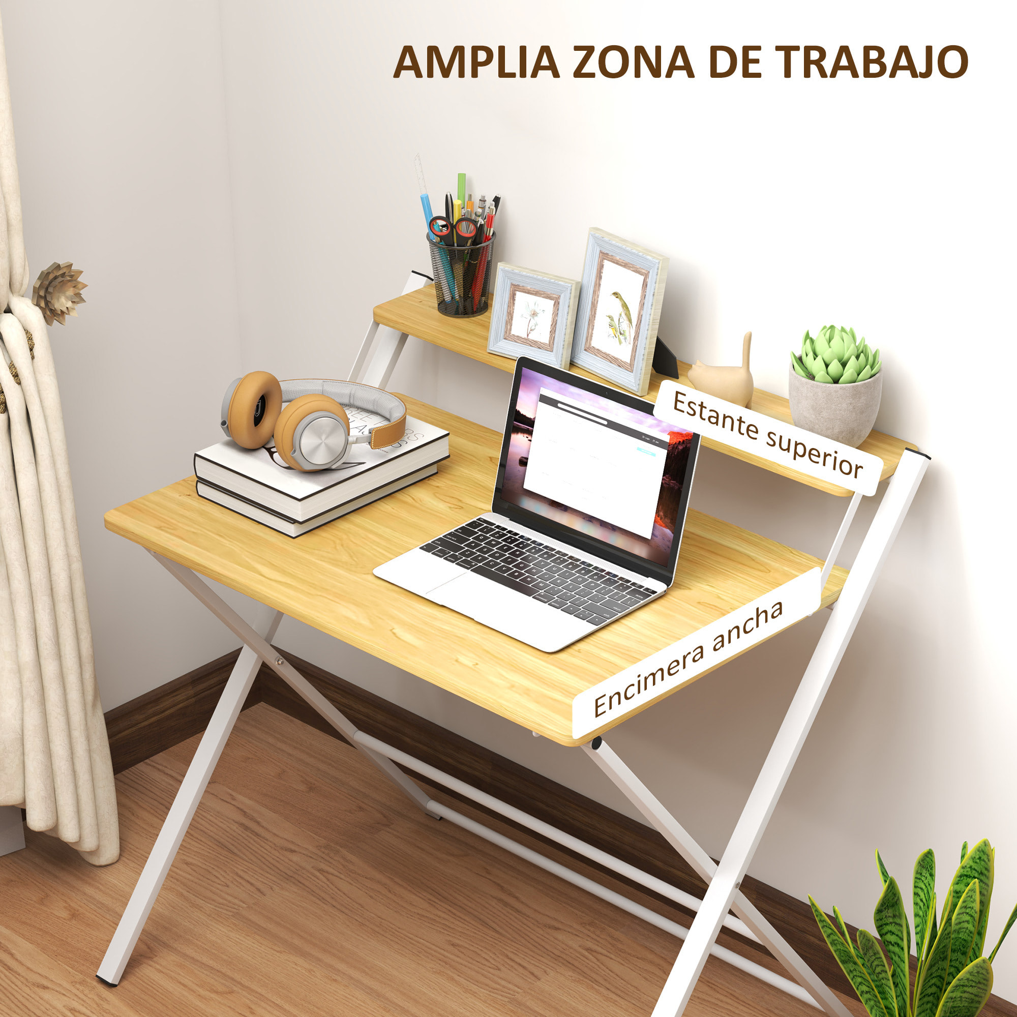 Escritorio Plegable Mesa de Escritorio Plegable con Estante Abierto Escritorio Pequeño para Estudio Hogar Oficina 86x66x82 cm Natural
