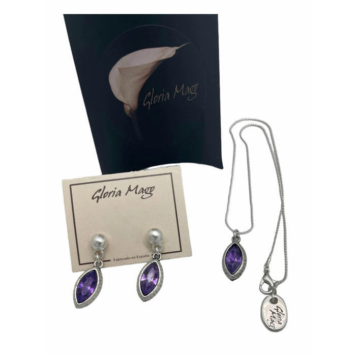 Conjunto colgante y pendientes de lagríma en zamak chapado plata de ley y cristal facetado en morado