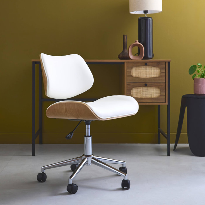 Chaise de bureau à roulettes décor bois courbé placage effet chêne et simili cuir blanc