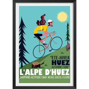 Poster de la montée de l'alpe d'huez Affiche + cadre en bois - Noir