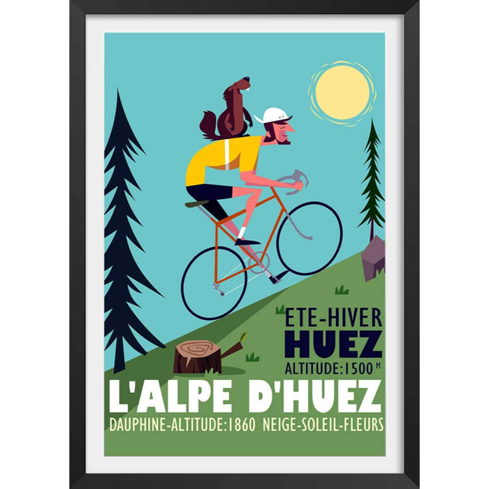 Poster de la montée de l'alpe d'huez Affiche + cadre en bois - Noir