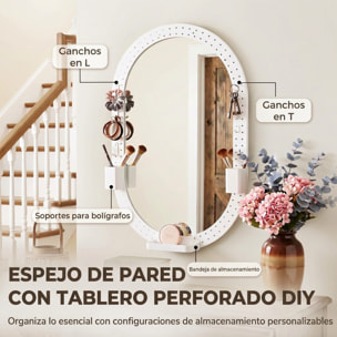 Espejo de Pared Ovalado 90x60 cm con Panel Perforado, Espejo Decorativo Pared para Salón, Dormitorio, Recibidor Entrada, Blanco