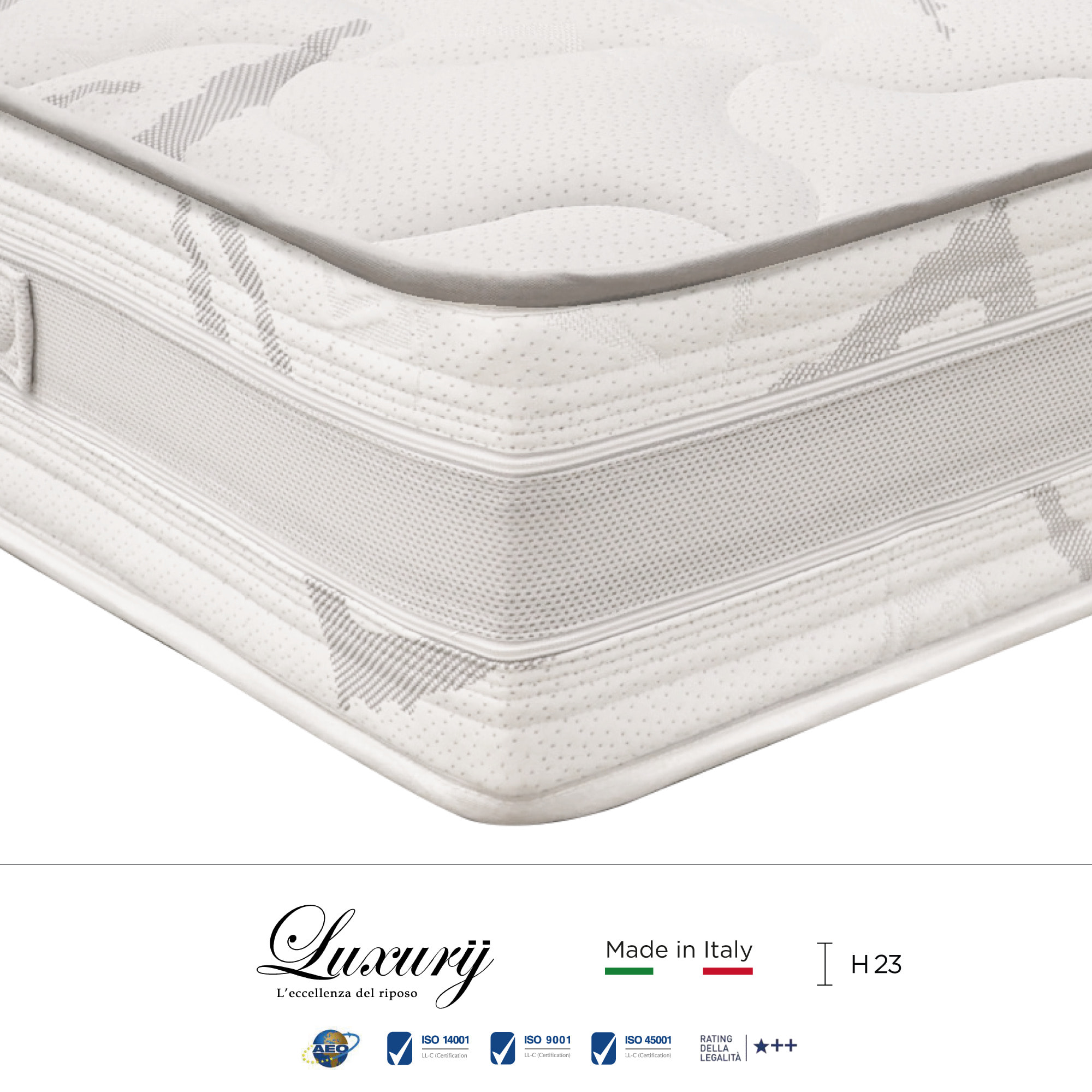 "Paestum" H23 cm 140x200 2 guanciali Memory OMAGGIO sfoderabile in schiuma poliuretanica ad alta densità e Memory Foam con cristalli di gel