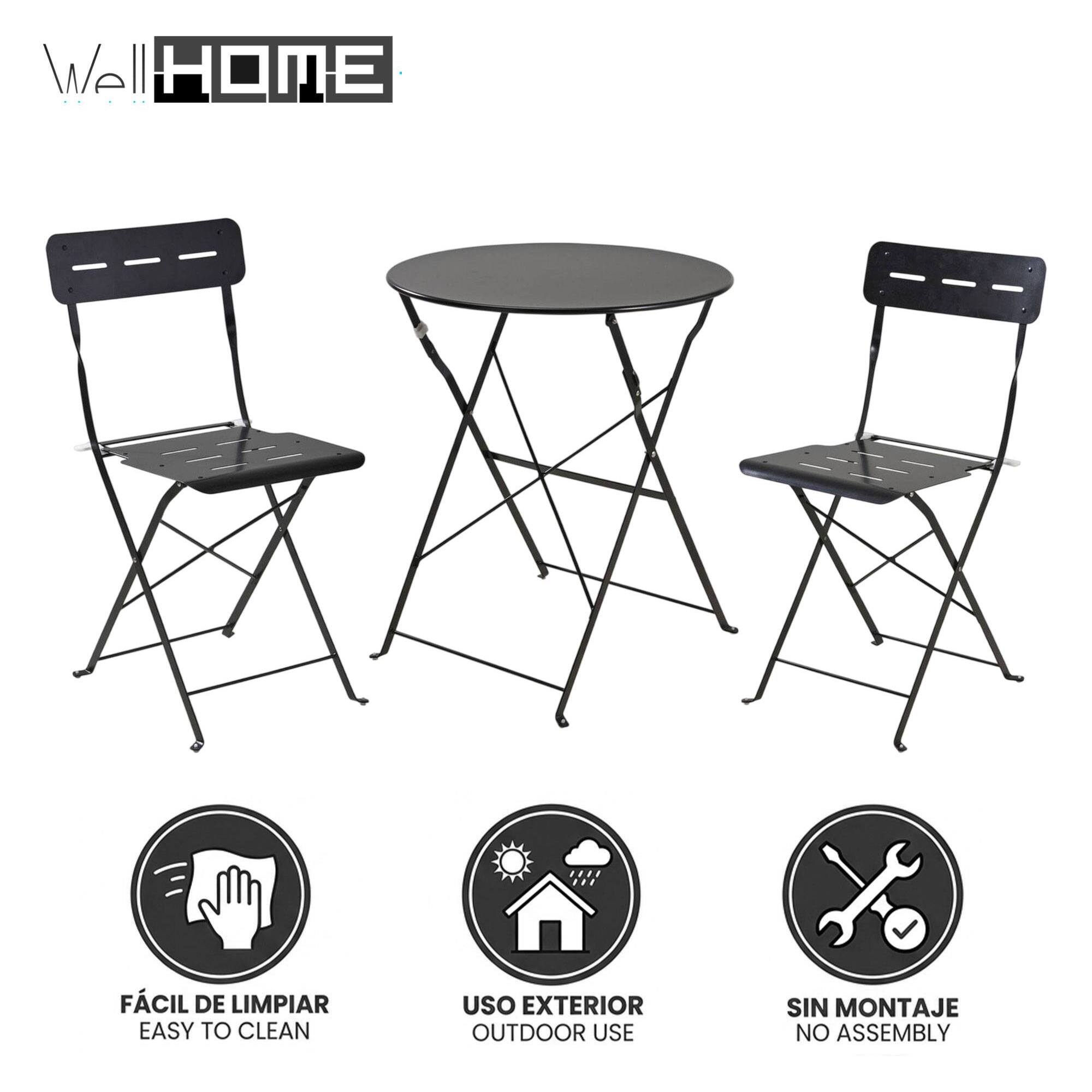 Set bistro plegable de 3 piezas (mesa 60cm + 2 sillas) en acero y negro mate, compacto para balcón