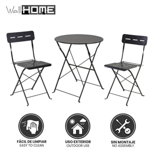 Set bistro plegable de 3 piezas (mesa 60cm + 2 sillas) en acero y negro mate, compacto para balcón
