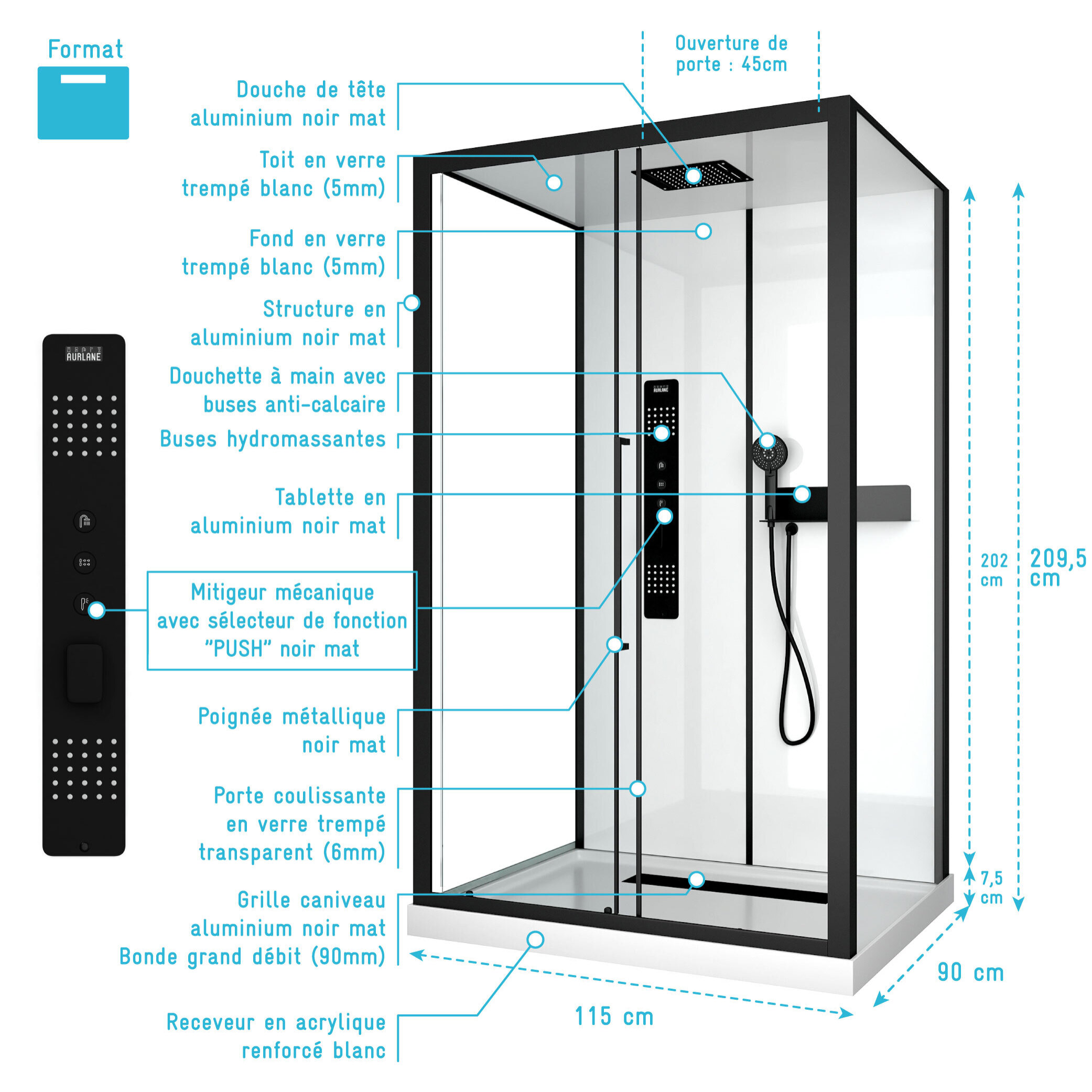 Cabine de douche 115x90x210 cm avec receveur + bonde 90mm + Grille linéaire - FACTORY 2