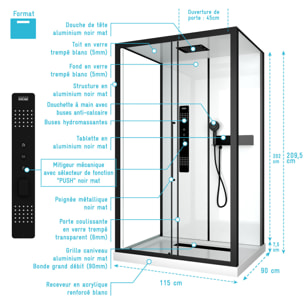 Cabine de douche 115x90x210 cm avec receveur + bonde 90mm + Grille linéaire - FACTORY 2