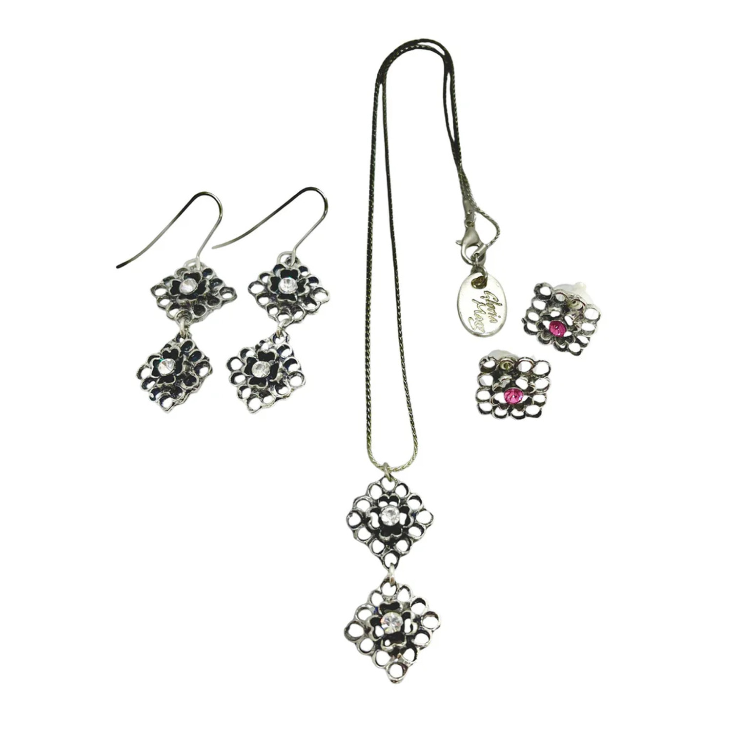 Conjunto reversible Collar y dos pares pendientes en plata 10µ y cristal SW Fuschia y Cristal