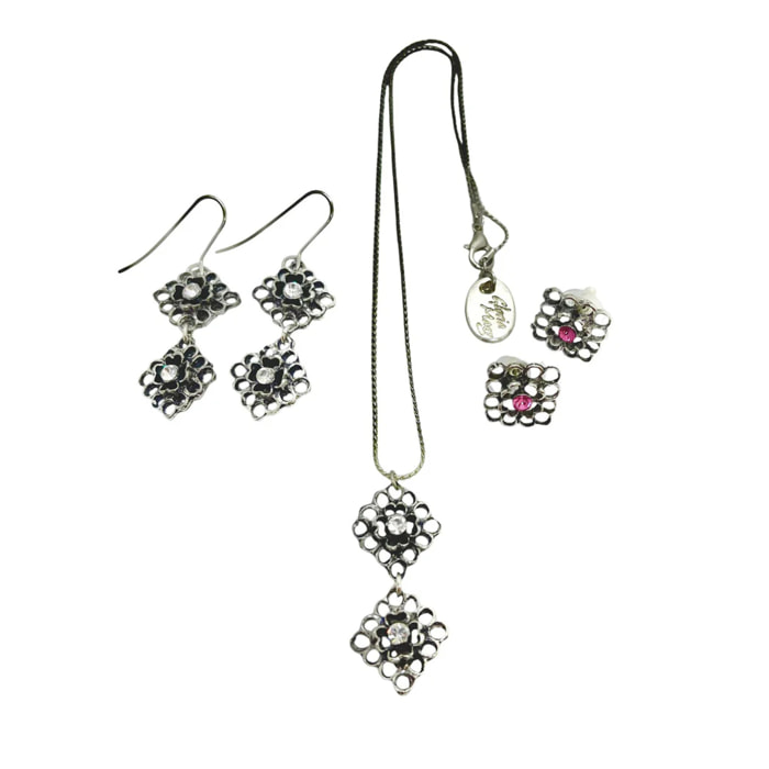Conjunto reversible Collar y dos pares pendientes en plata 10µ y cristal SW Fuschia y Cristal