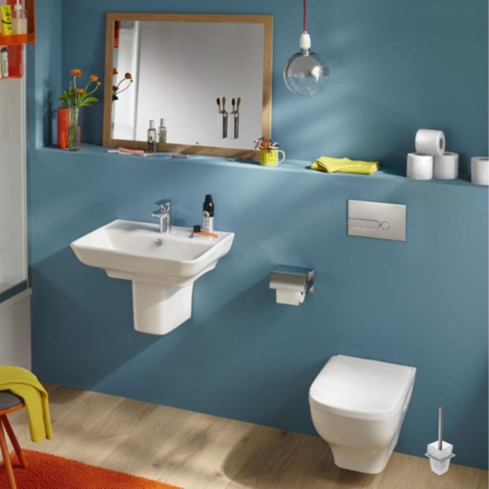 Pack WC suspendu sans bride Struktura + abattant + bâti-support mur GROHE + plaque Even blanc