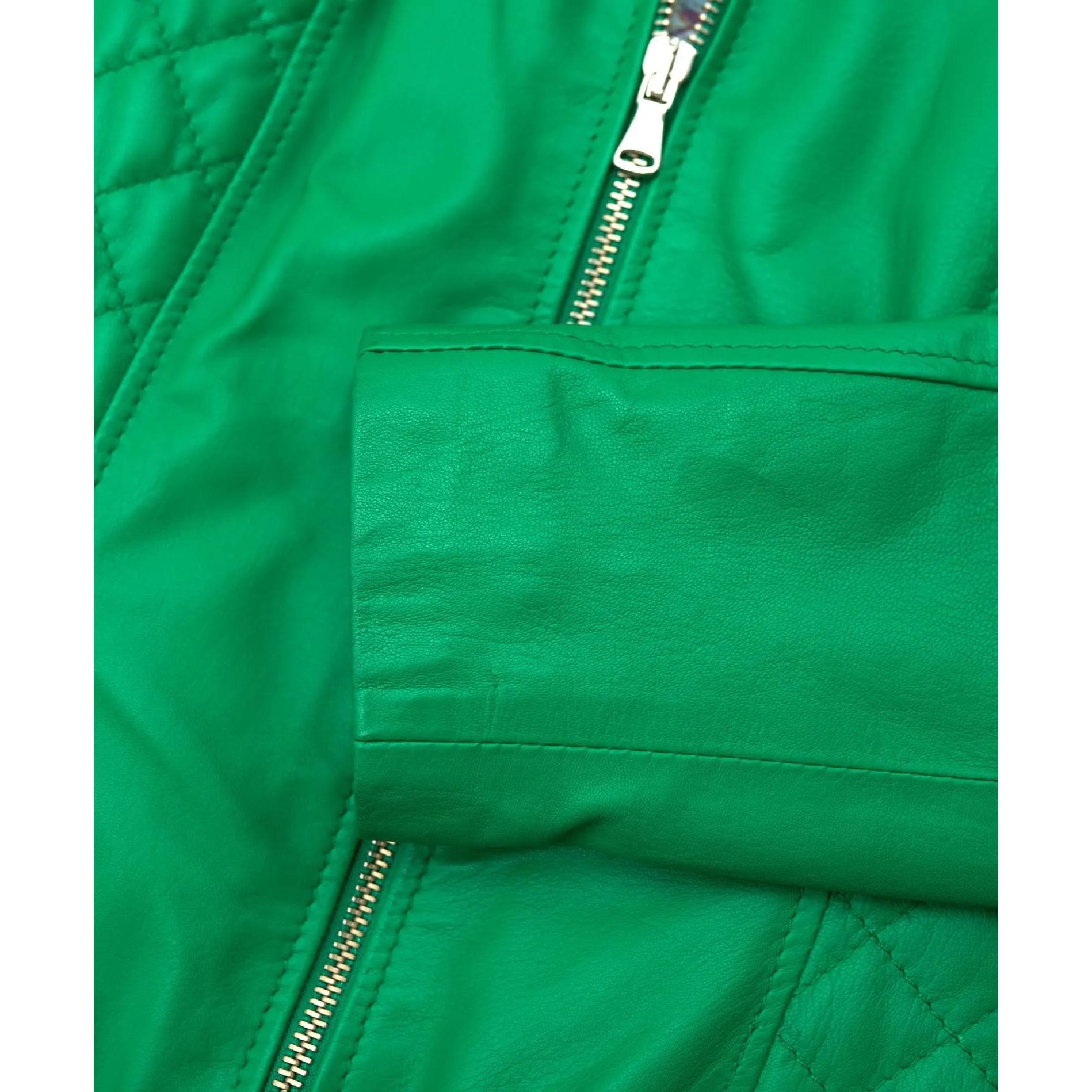 Giacca moto in pelle verde trapuntata nappa effetto liscio