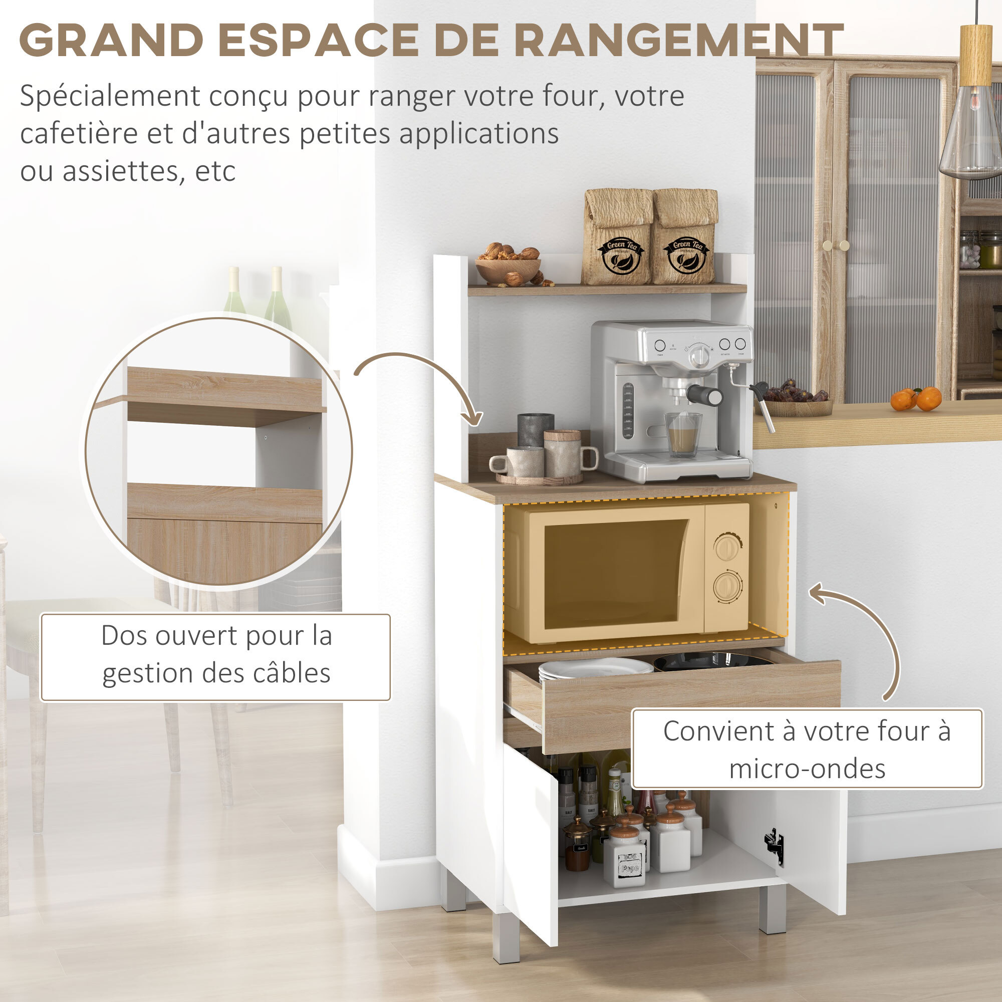 Meuble de rangement desserte de cuisine pour micro-ondes avec placard tiroir étagère supérieur 60 x 40 x 131 cm naturel et blanc