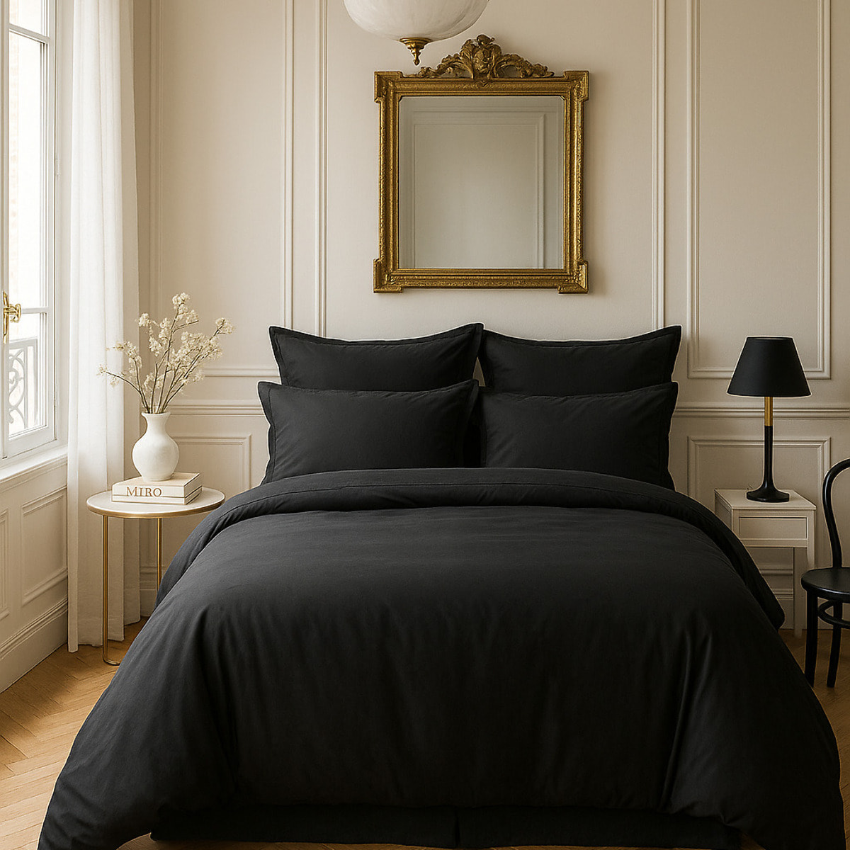 Housse De Couette 100% Satin de Coton lavé 105 Fils Noir