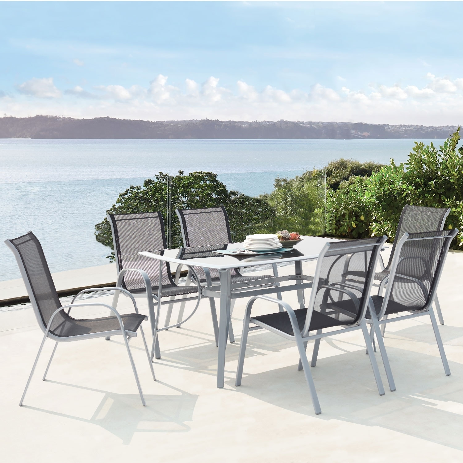 Table de jardin et 6 chaises en aluminium et acier gris BOROA