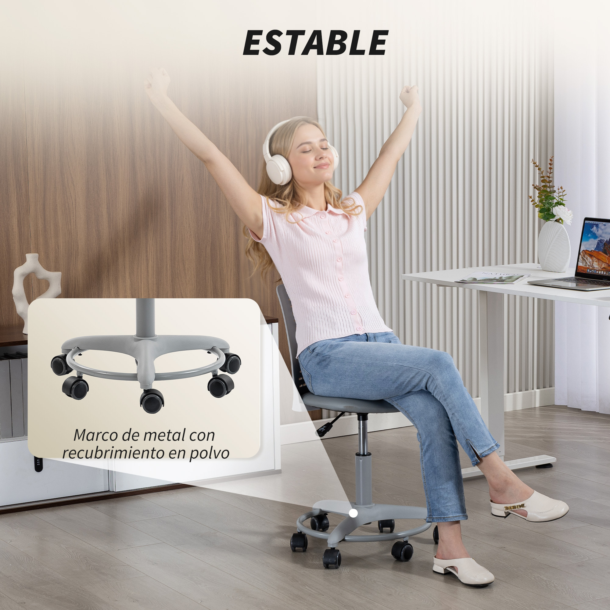 Silla de Escritorio sin Brazos, Silla de Oficina Giratoria, con Respaldo Hueco, Asiento Acolchado de Espuma de Alta Resiliencia, Altura Ajustable, Gris