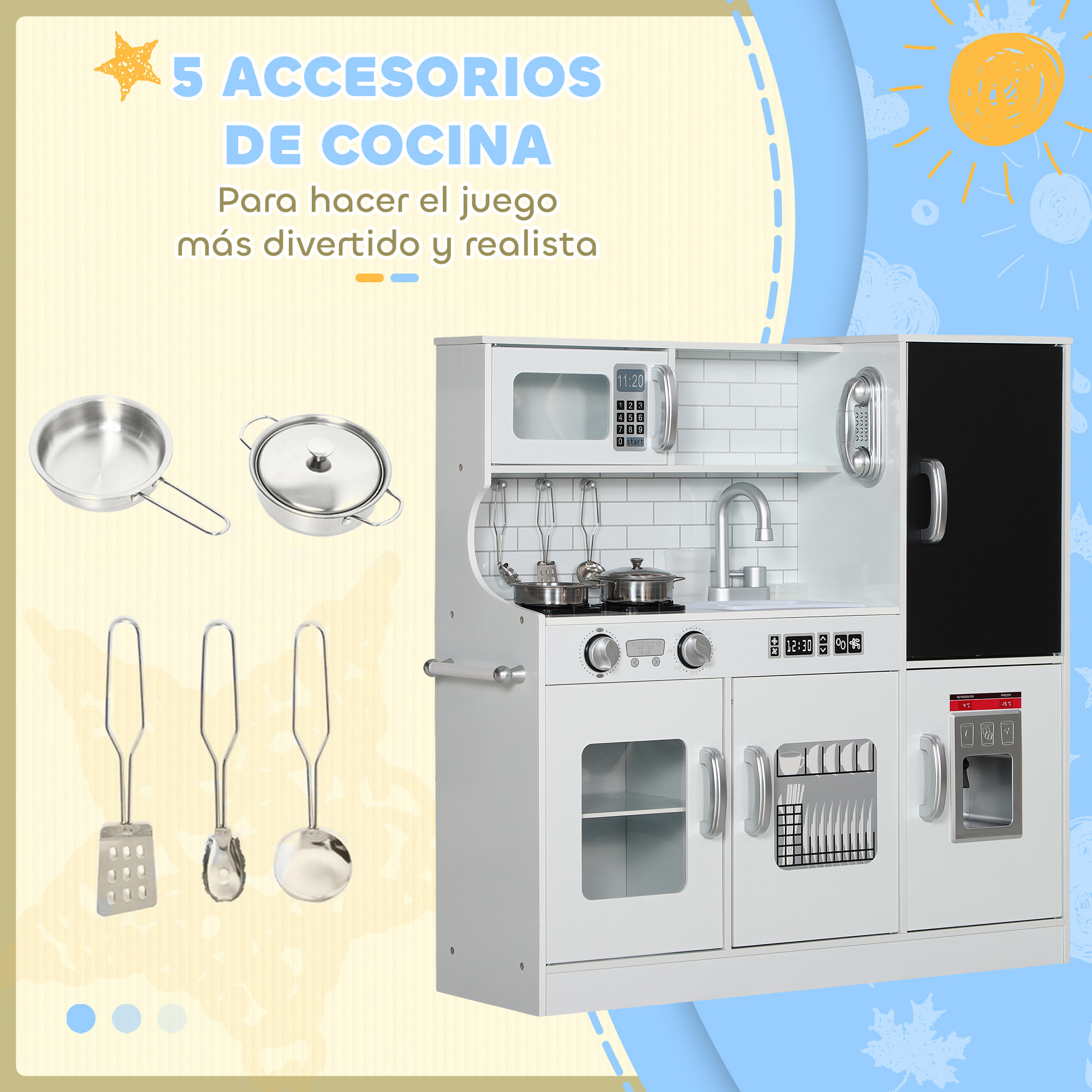 Cocina de Juguete Cocina para Niños de +3 Años Cocinita Infantil de Madera con Accesorios para Cocinar Pizarra Máquina de Hielo y Teléfono 83,8x26,8x81 cm Blanco