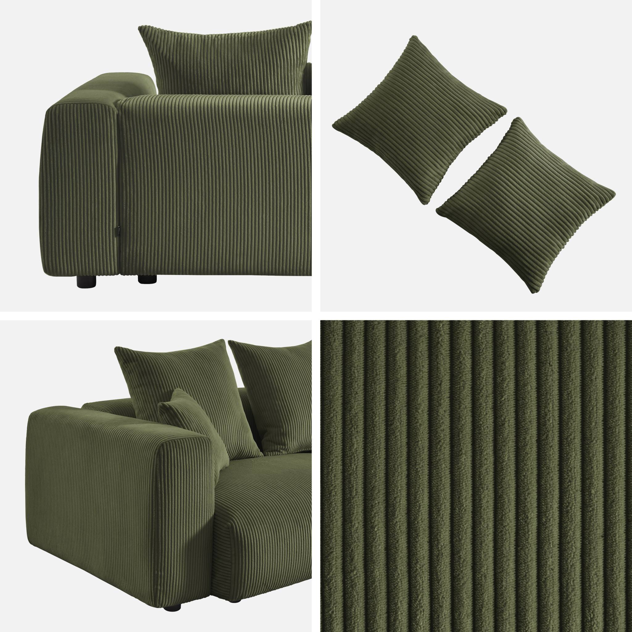 Canapé déhoussable 3 places en velours côtelé grosse côte kaki avec pluie de coussins L 230 x P 97 x H 82cm - Pillow
