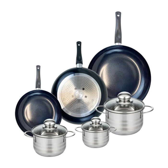 Ensemble de 3 Poêles de cuisson 20, 24 et 28 cm et 3 faitouts 12, 14 et 16 cm Elo Prima Brillant