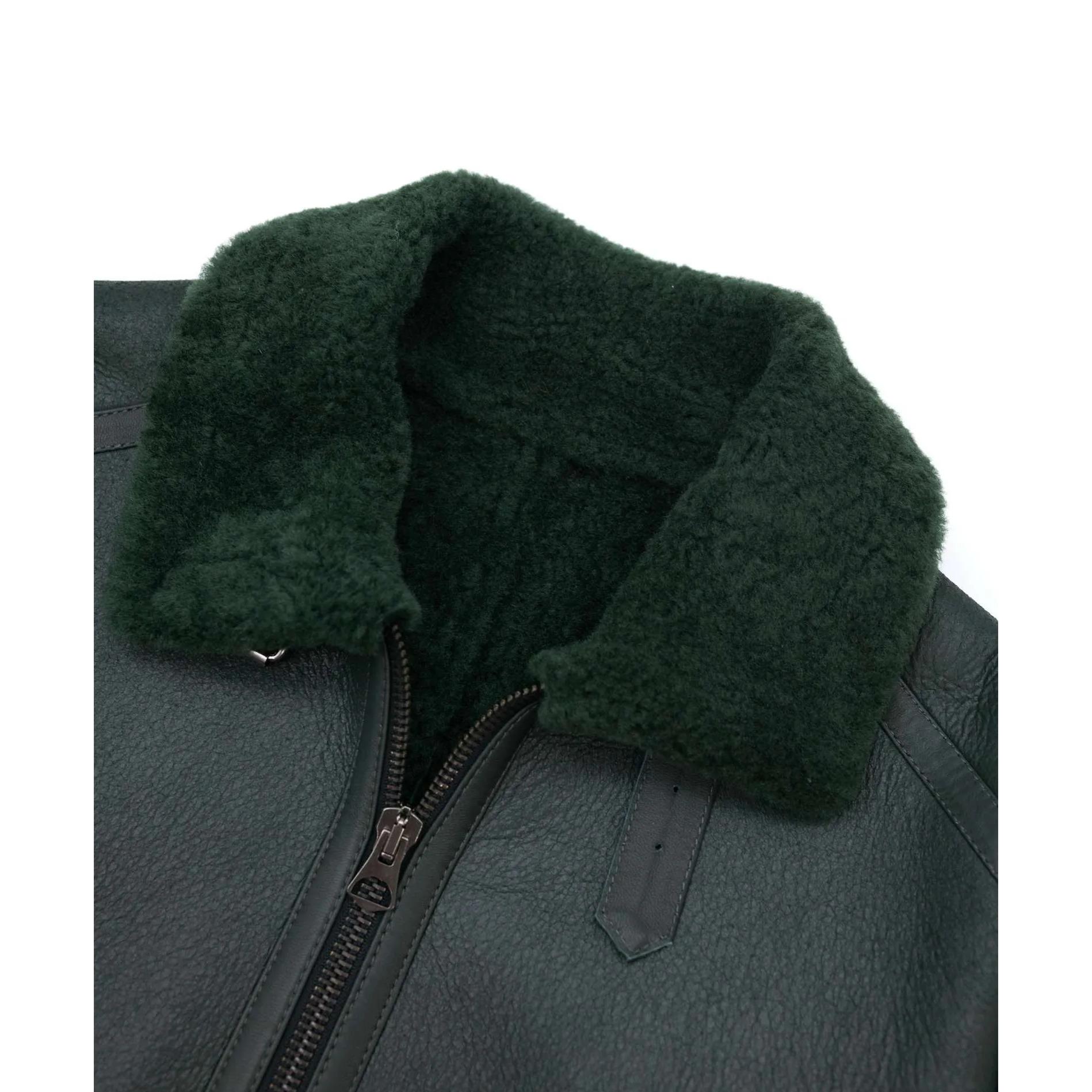 Montone Shearling verde biker uomo collo camicia con fibbia