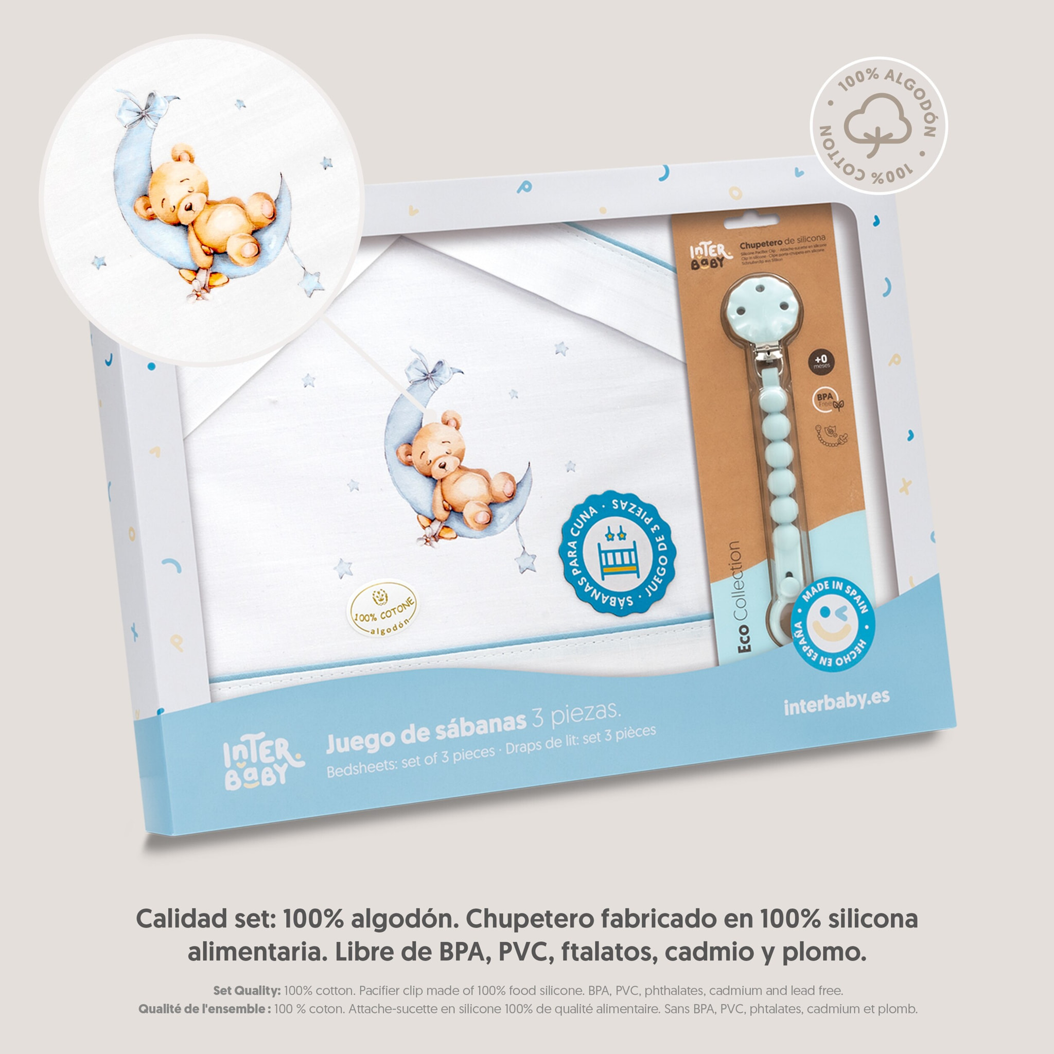Triptico Cuna Estampado Oso Luna Estrellas + Broche Bco/Azul