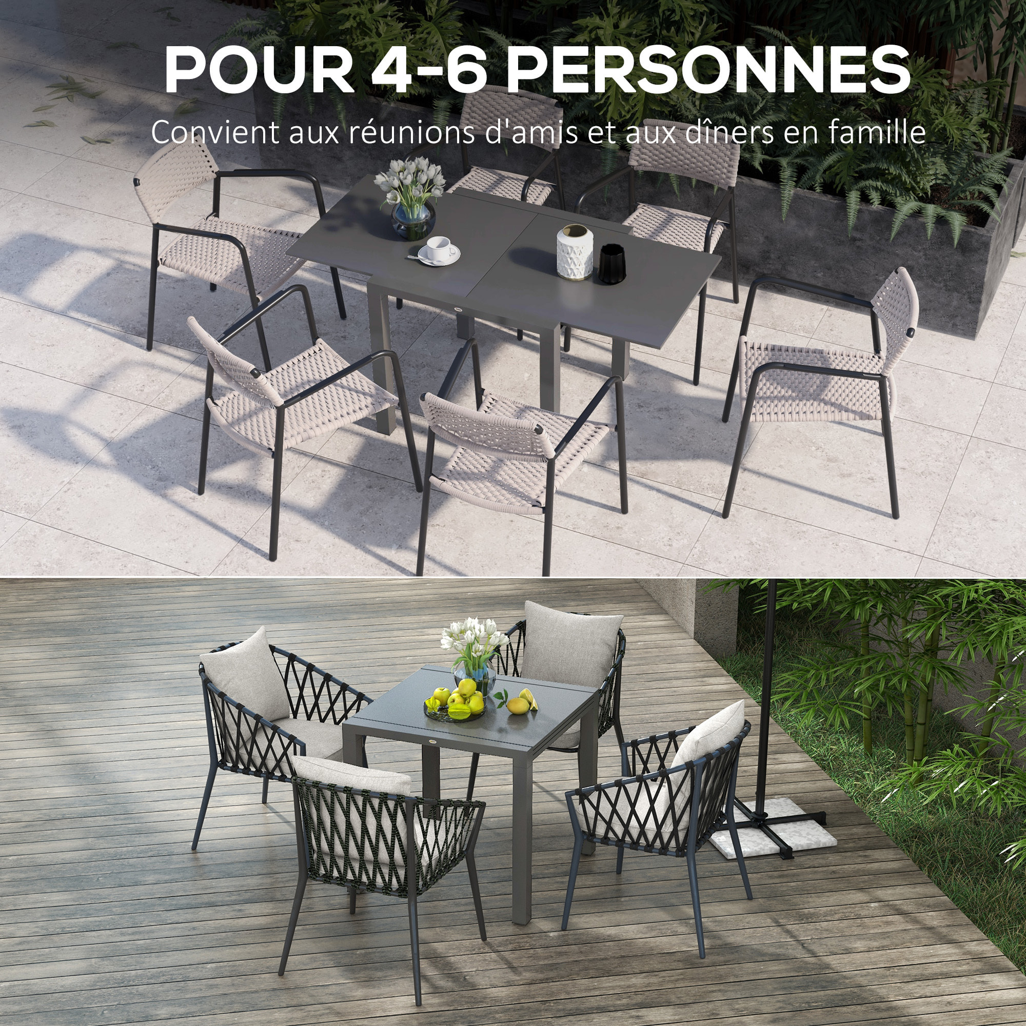 Table de jardin rectangulaire extensible 6 pers. alu métal dim. 80/160L x 80l x 75H cm gris