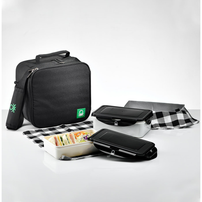 Set 6PC bolsa de almuerzo con lunchbox y accesorios, negro, benetton