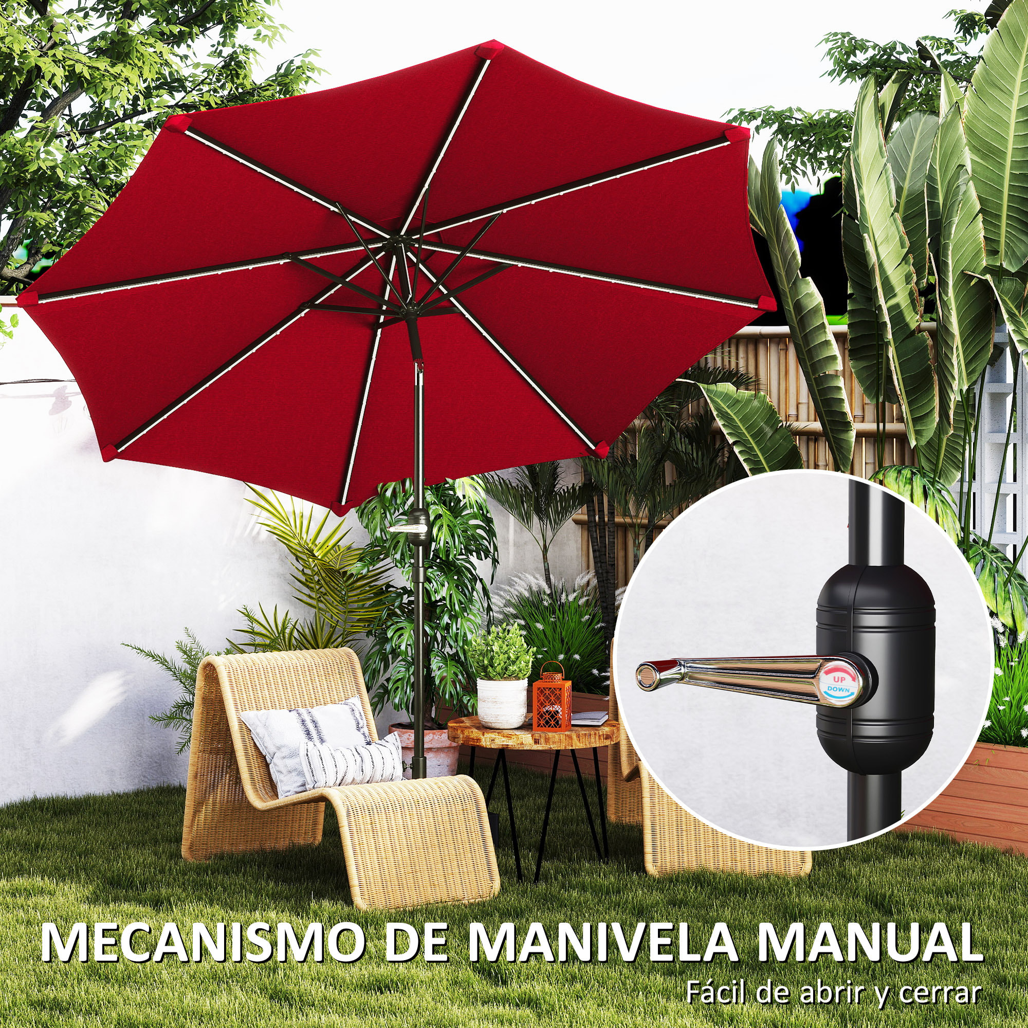 Sombrilla Terraza Exterior con Luces LED Solares Ø292x252 cm Sombrilla de Jardín con Inclinación Ajustable hasta 45° Impermeable y Manivela Parasol para Patio Piscina sin Base Burdeos